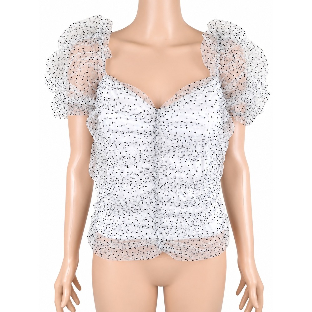 ANIYE BY Lily Top White Pois Tulle Polka Dot Puff Sleeve Italy 42 US 6